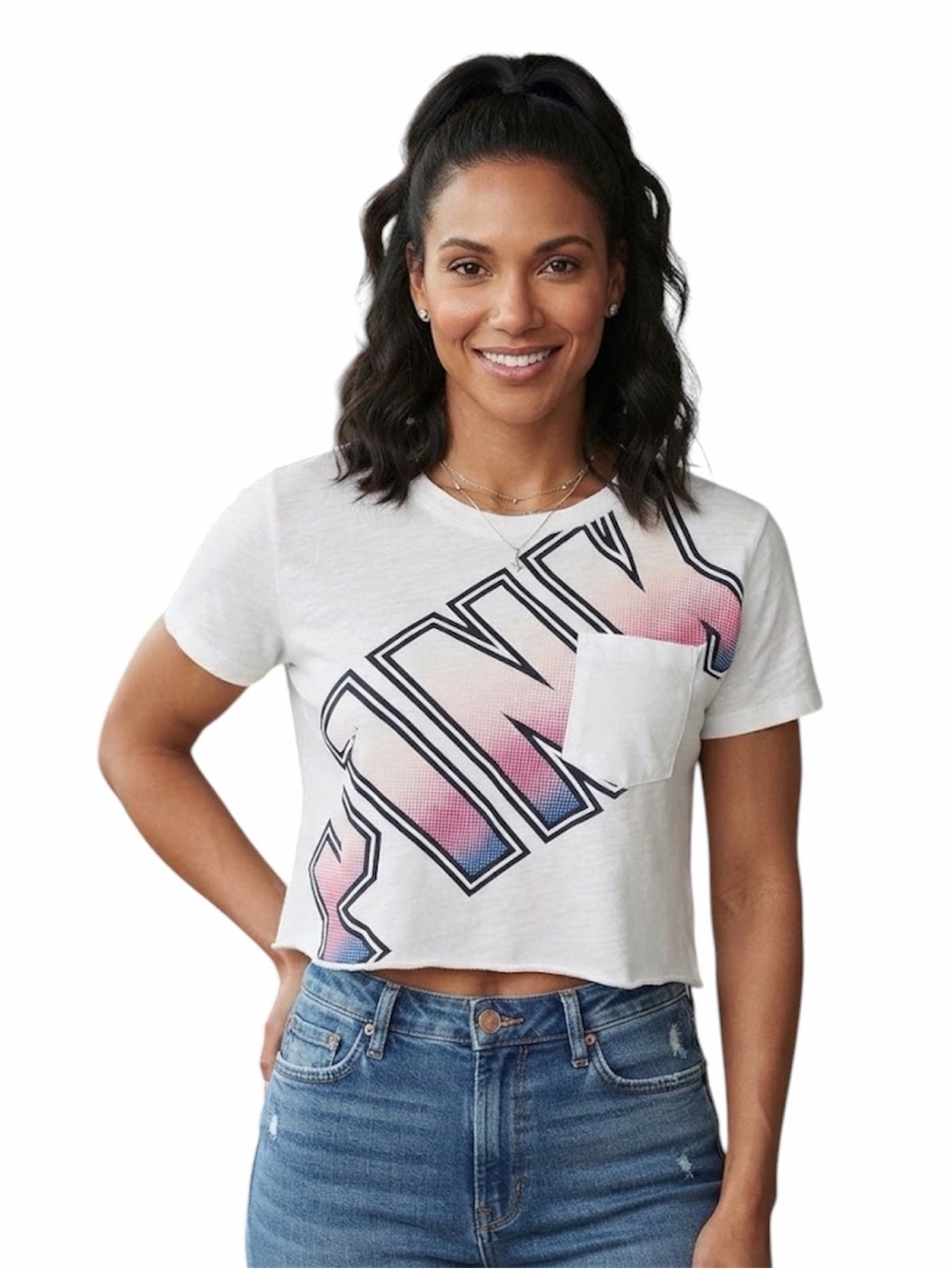 PINK VICTORIAS SECRET White Y2K Crop Pocket Graphic Logo Tee Shirt S